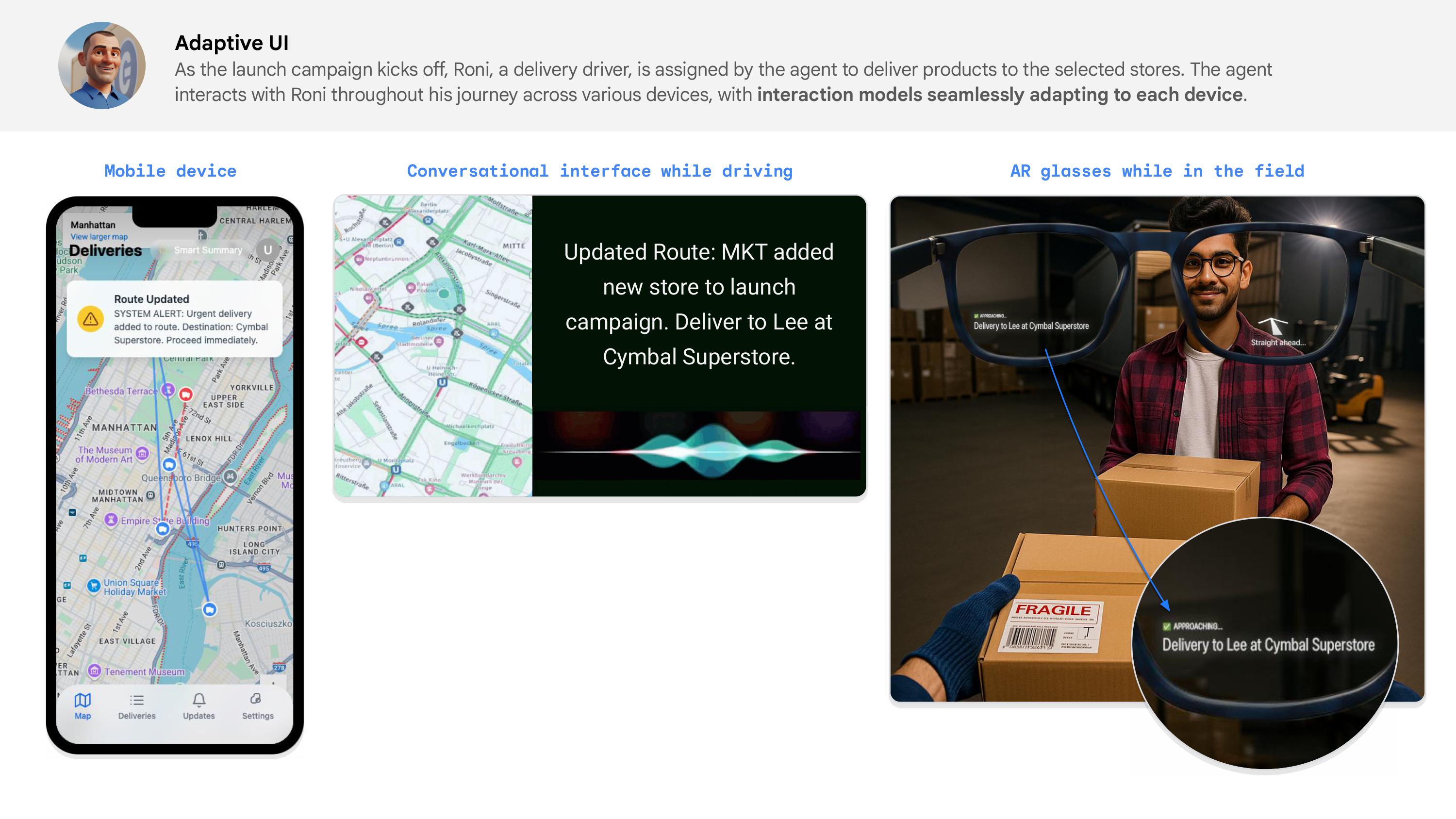 Adaptive UI showing agent interactions seamlessly adapting across mobile device, conversational interface while driving, and AR glasses in the field