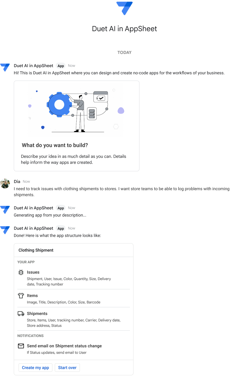 Duet AI in AppSheet showing conversational app creation where users describe their idea and the AI generates an app structure