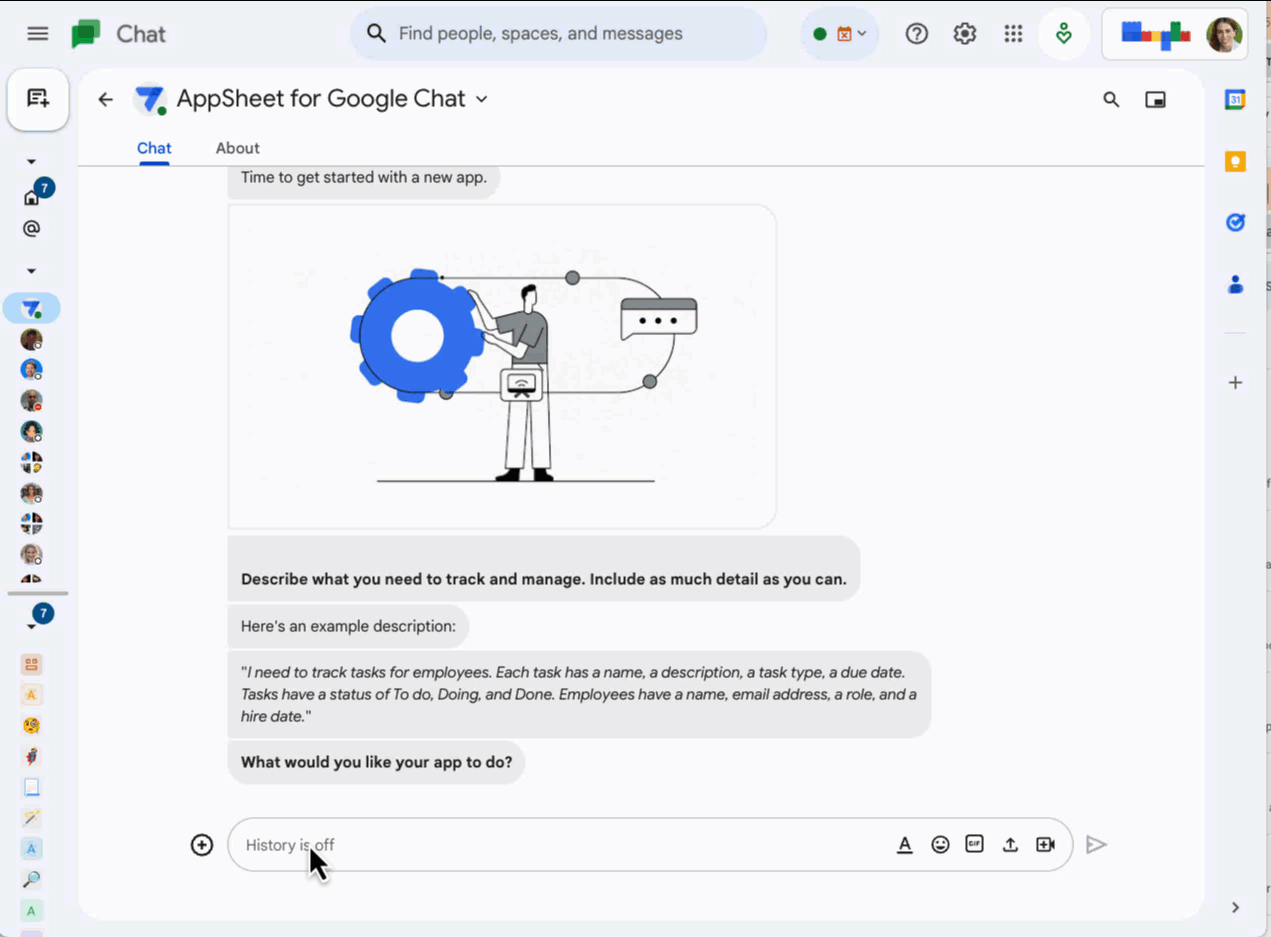 Animated demo of Gemini-powered AI interaction in Google Chat showing the in-platform conversational experience